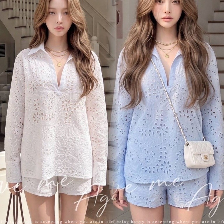 #Cotton Candy เสื้อเชิ้ตแขนยาวคอปกโปโล ลูกไม้ฉลุ ขาสั้น New Tiraya korea set