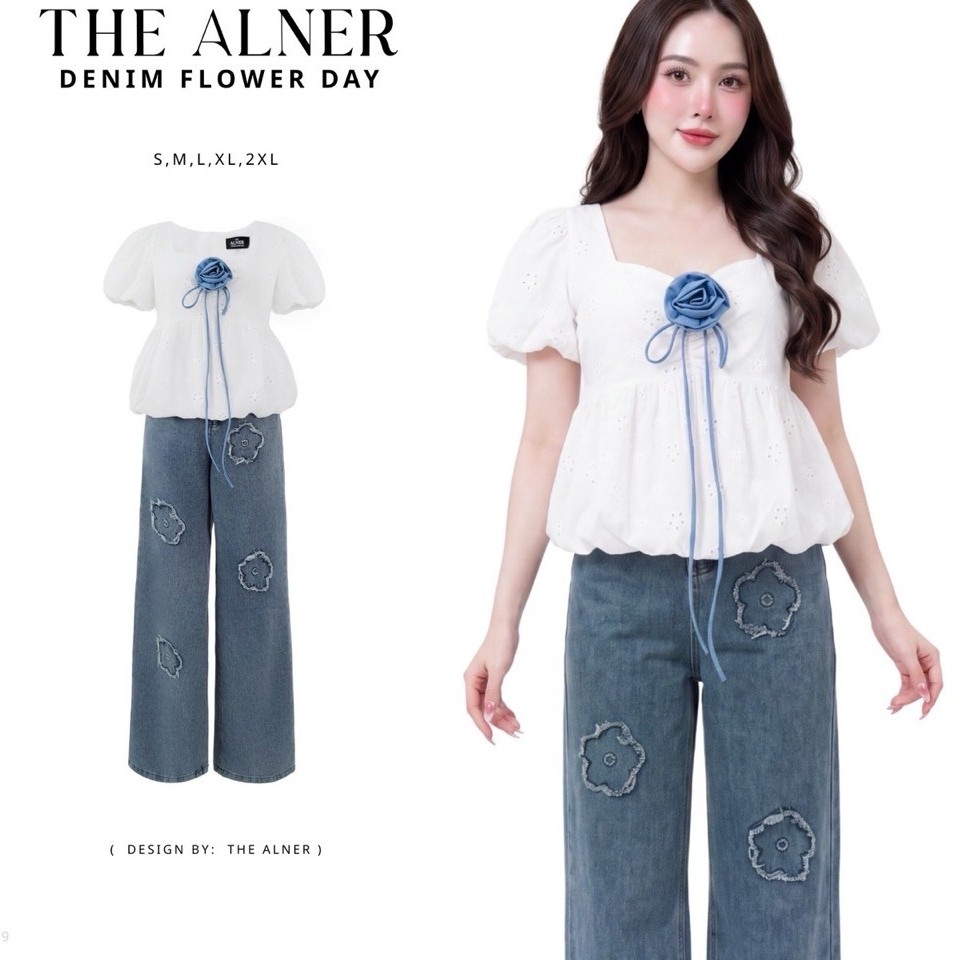 Denim Flower Day ชุดเซตเสื้อฉลุขาวแขนตุ๊กตา กางเกงยีนส์ขายาว Thealner(ดิอัลเนอร์)AN479