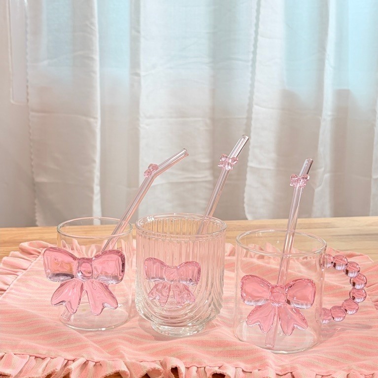 พร้อมส่ง แก้วโบว์พร้อมหลอด Ribbon Glass with Straw แก้วมัทฉะ ความจุ350ml. ทนร้อนและเย็น
