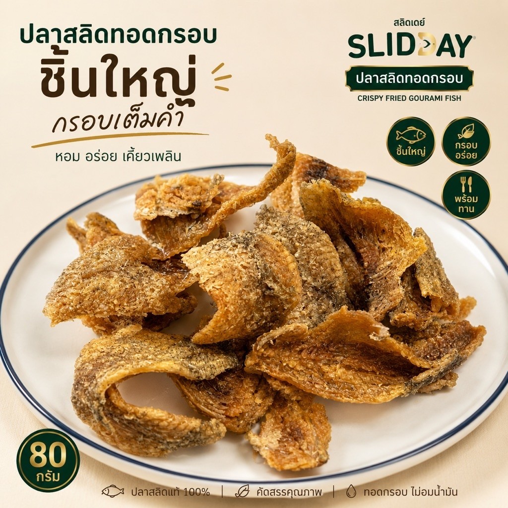 SLID DAY สลิดเดย์ | ปลาสลิดทอดกรอบ ชิ้นใหญ่ กรอบเต็มคำ พร้อมทาน 80 กรัม