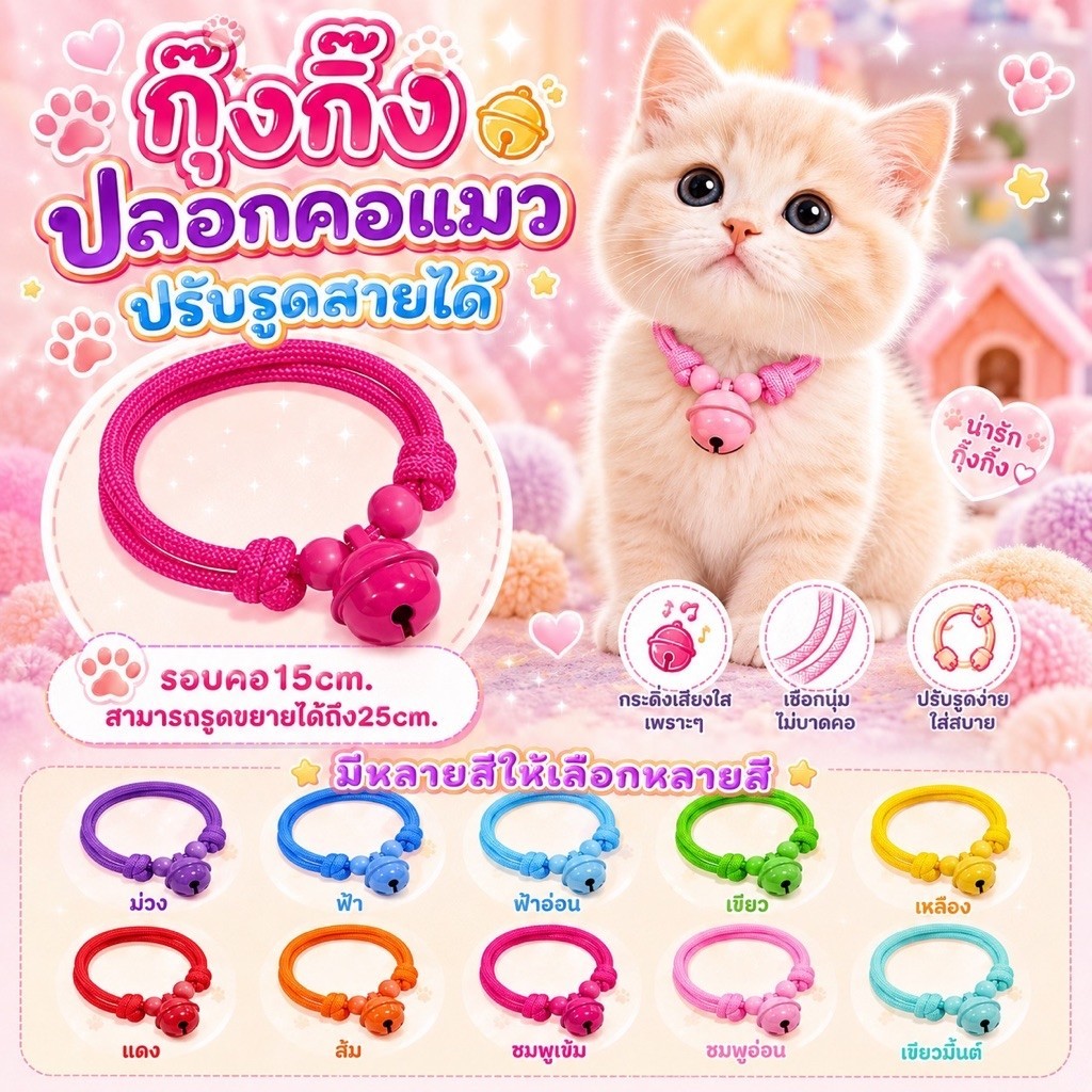 ᢉ𐭩กุ๊งกิ๊งᢉ𐭩ปลอกคอ/สร้อยคอแมวรูดปรับสายได้ใส่ได้รอบคอ15-20cm.