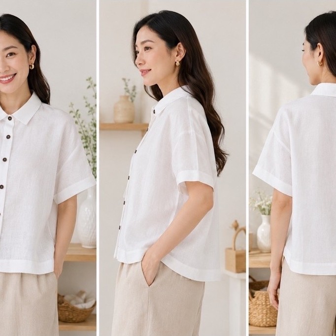 5th Jan เสื้อลินินแท้ คอปก แขนสั้น กระดุมผ่าหน้า กระเป๋าล่างใหญ่-มีฝาปิด ชายเสื้อตรง “อก 46 นิ้ว”
