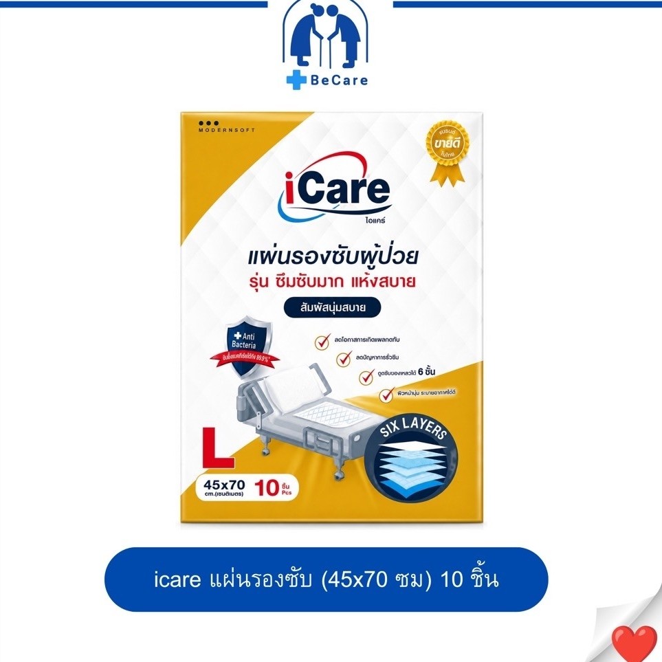 iCare แผ่นรองซับผู้ป่วย 45x70 ซม. 10 ชิ้น แผ่นรองกันเปื้อน แผ่นรองซึมซับ สำหรับผู้สูงอายุ ผู้ป่วยติด