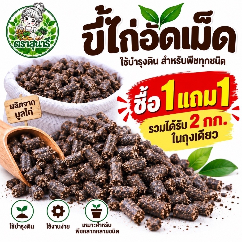 ขี้ไก่อัดเม็ด ตราสุนารี (1 กก.แถม 1 กก.รวมเป็น 2 กก.ในถุงเดียว)