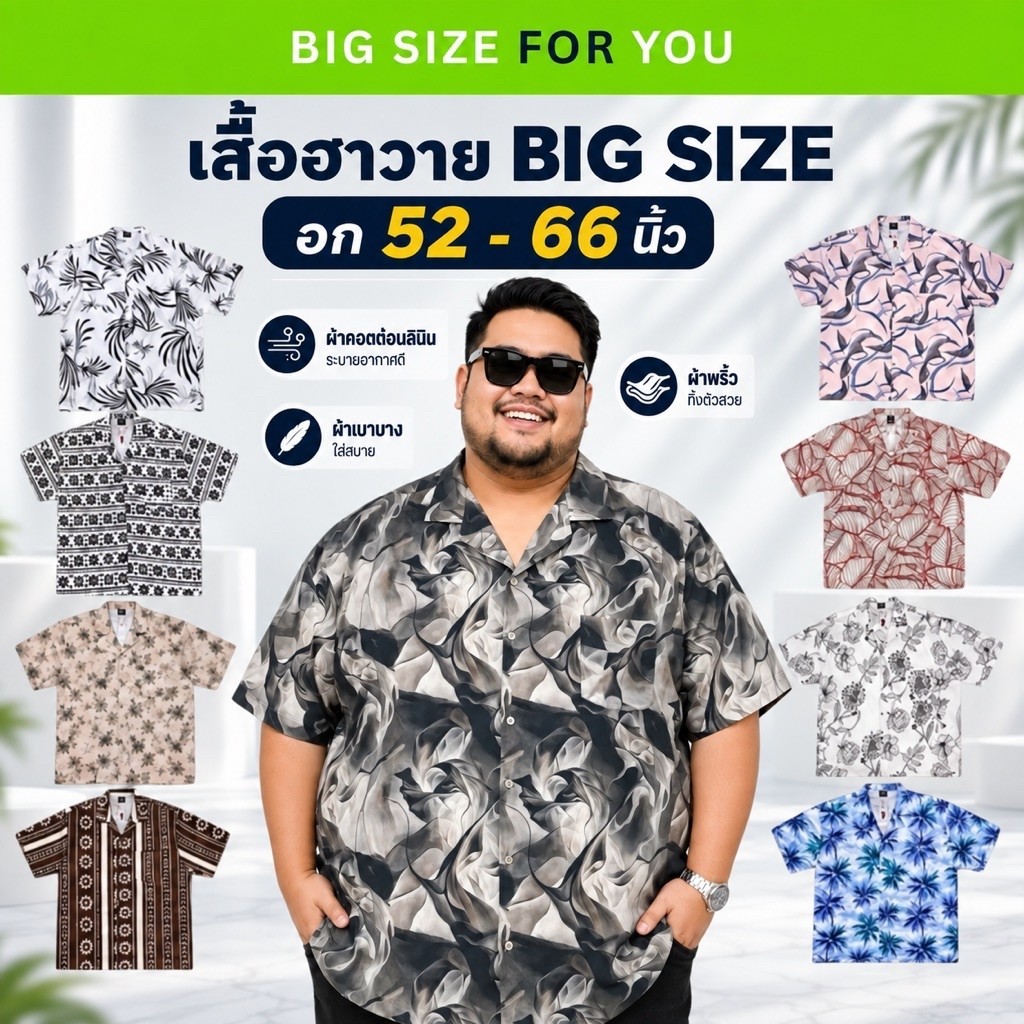 BIG SIZE FOR YOU เสื้อฮาวาย เชิ้ต ไซส์ใหญ่ รอบอก 52-66 นิ้ว ลายใหม่ ผ้าคอตตอนลินิน ระบายอากาศดี ไม่ร้อน ผ้าพริ้ว ใส่สบาย