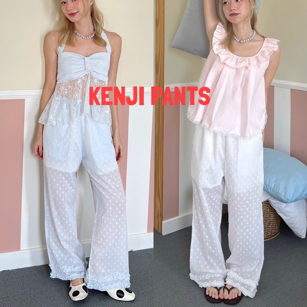 KENJI PANTS - กางเกงขายาวเอวสม้อคยืด เนื้อผ้าด้านนอกจะบางเป็นซีทรู มีดีเทลซับในครึ่งตัวด้านใน (nita.bkk)