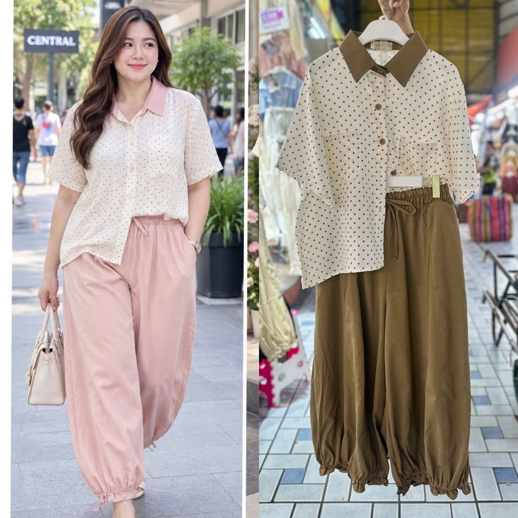 ชุดเซ็ทแฟชั่นสาวอวบ รุ่นทรูโทน ผ้าซอฟพรีเมี่ยม เสื้อเชิ้ต+กางเกงทรงจินนี่สวย