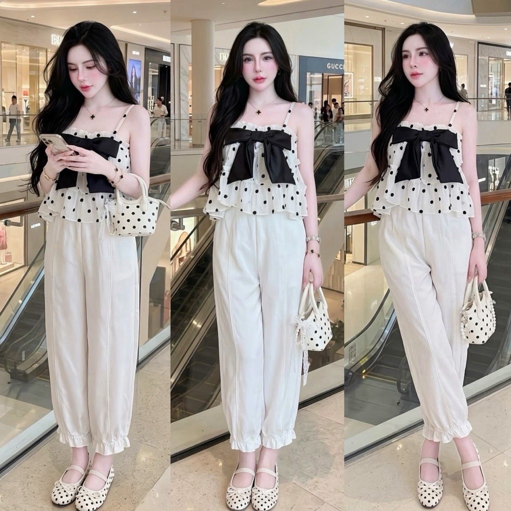 เซ็ท 2 ชิ้น สายเดี่ยวลายจุดแต่งโบว์ + กางเกง (S4256)