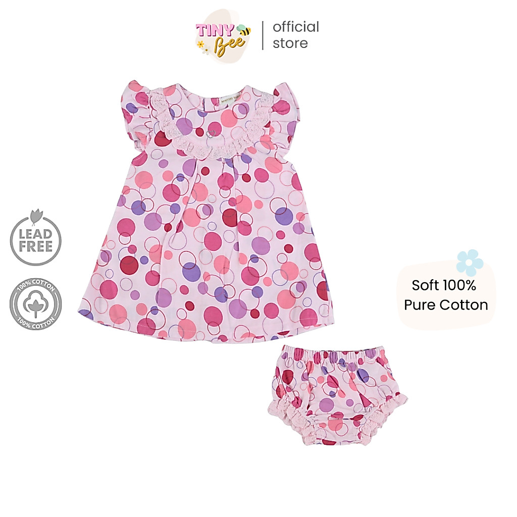 TinyBee ชุดกระโปรงพร้อมกางเกงใน ชุดเดรสเด็ก ผ้าฝ้าย 100% สีชมพู ลายจุด อายุ 3-9 เดือน