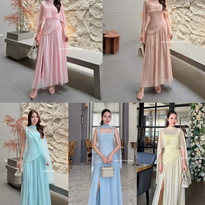 D11 มาเพิ่มแล้ว งานป้าย Jariya Set เซ็ท 2 ชิ้น Dress เดรสยาวสายเดี่ยวผ่าหน้า มาพร้อมผ้าพันคอ สำหรับผู้หญิง ไซส์ S-XL