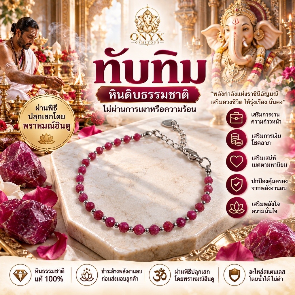 ทับทิม Ruby ดิบ หินนำโชค ปลุกเสก สร้อยข้อมือ แท้ ธรรมชาติ สแตนเลส