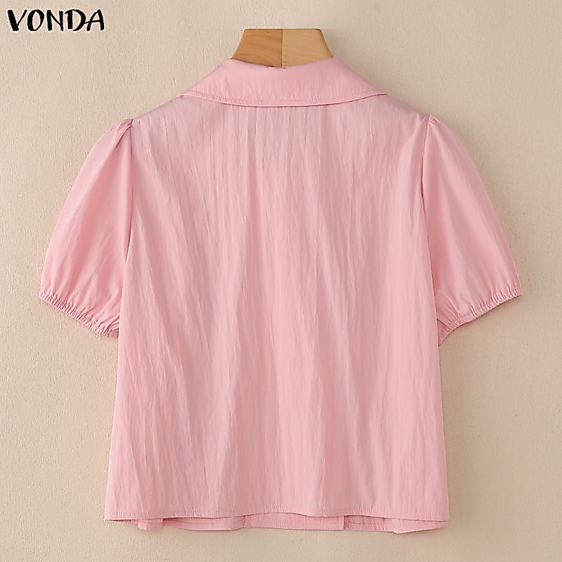 VONDA ผู้หญิงสาวเกาหลีสไตล์สาวคอตุ๊กตาพัฟแขน Double-Breasted หลวมธรรมดา A-Line เสื้อ — صورة 8