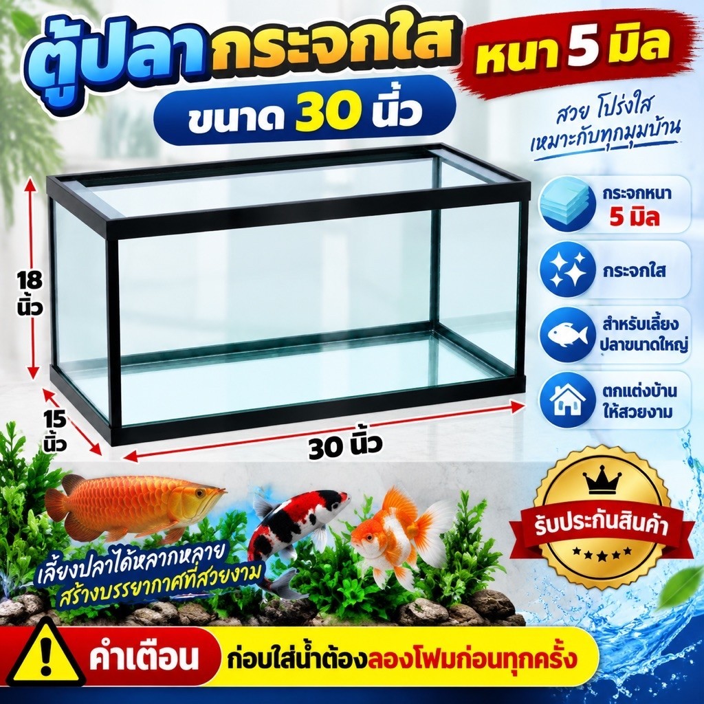 ตู้ปลา กระจกใส หนา 5 มิล ขนาด 30 นิ้ว