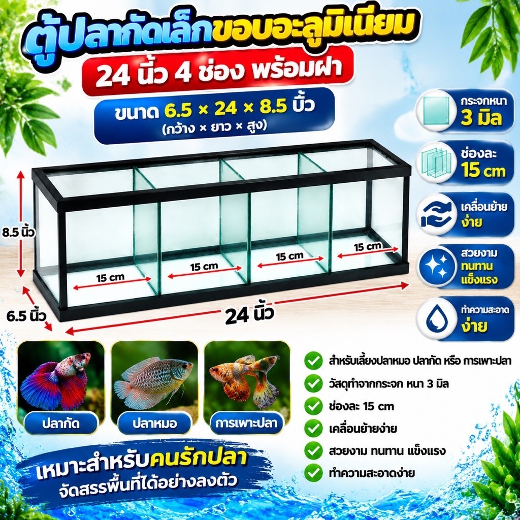 ตู้ปลากัดเล็กขอบอะลูมิเนียม 24 นิ้ว 4 ช่อง พร้อมฝา ขนาด 6.5X24X8.5 ระยะเวลารอสินค้า 2-4 วัน