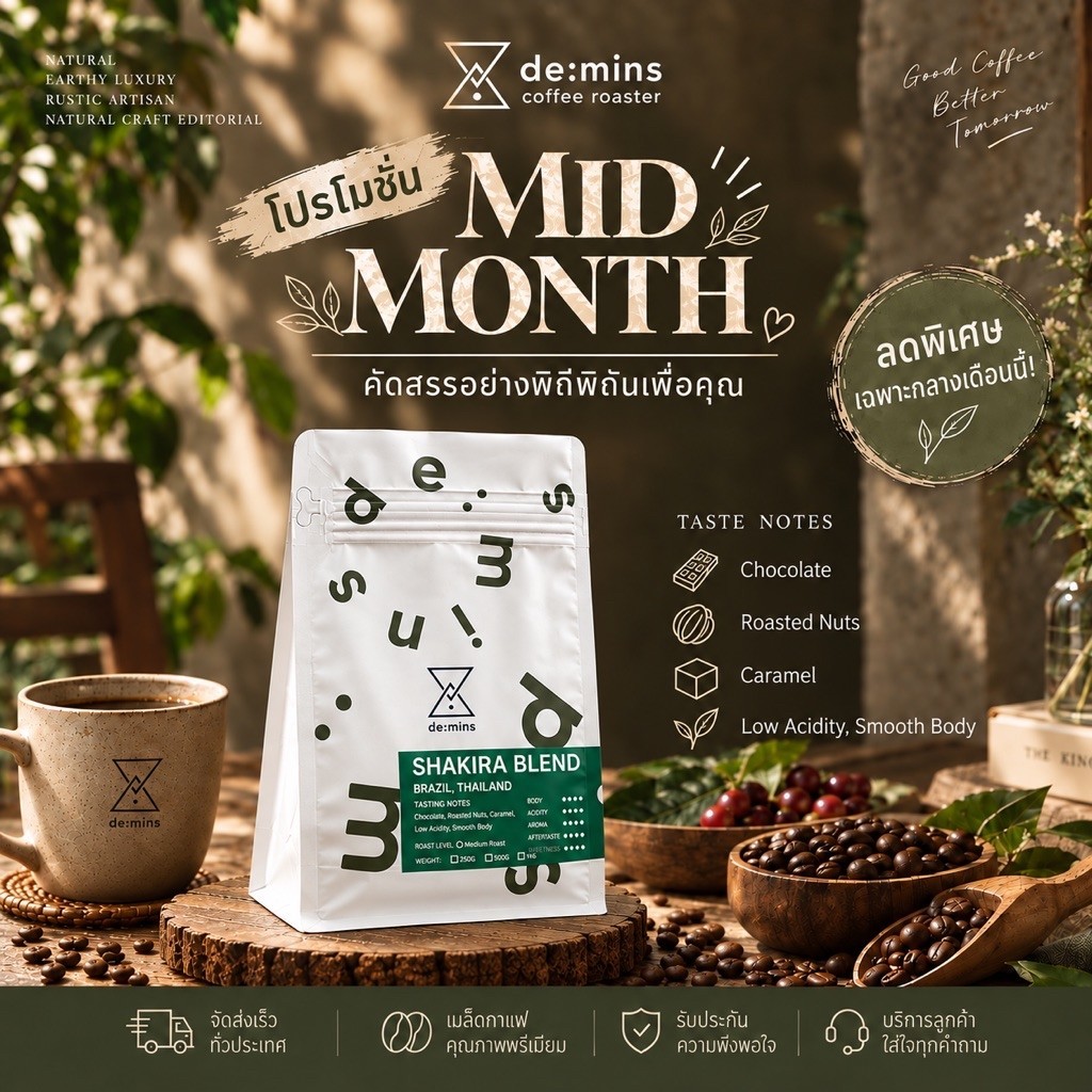 De:mins SHAKIRA BLEND (Brazil x Thai) เมล็ดกาแฟ Arabica คั่วกลาง (Medium Roast)