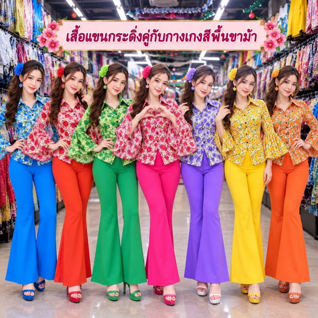 ชุดย้อนยุคแขนตุ๊กตากางเกงขาม้าชุดย้อนยุคแขนกระดิ่งกางเกงขาบานชุดย้อนยุคแหยมยโสธร(เสื้อแถมเข็มขัดโบว์)