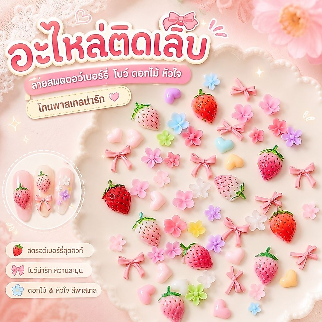 อะไหล่ติดเล็บ ลวดลายสตอเบอรี่ คละแบบหลากหลาย ประมาณ50ชิ้น/ห่อ สิสค้าพร้อมส่งในไทย