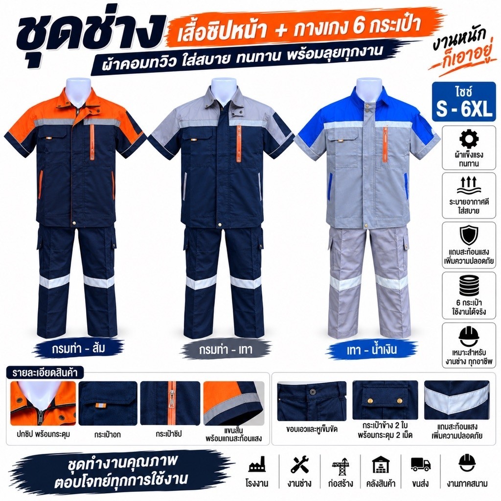 ชุดทำงาน เสื้อช็อปแขนสั้นซิปหน้า + กางเกง 6 กระเป๋า ผ้าคอมทวิว แถบสะท้อนแสง ชุดช่าง ชุดโรงงาน S-6XL