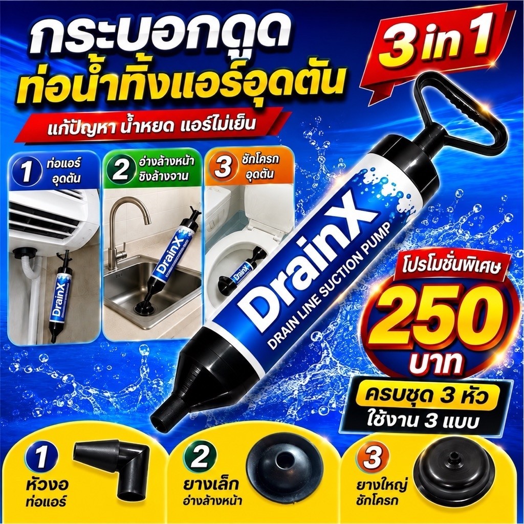 กระบอกดูดแบบ 3in1 ท่อน้ำทิ้งแอร์/อ่างล้างหน้า/ชักโครกDrainX 🇹🇭สินค้าส่งจากไทย🇹🇭[120-3]