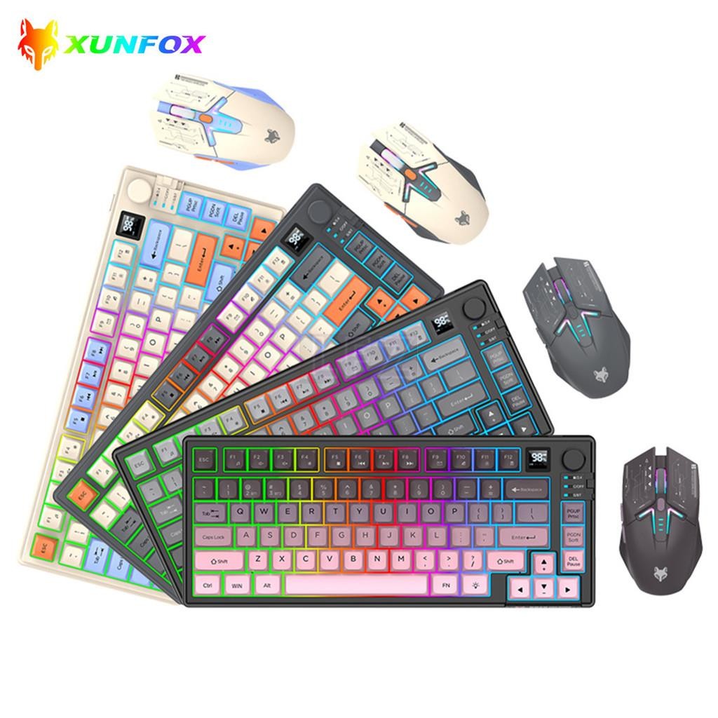 Xunfox K920 ชุดคีย์บอร์ดและเมาส์ไร้สายแบบชาร์จไฟได้ 2.4G+BT ไฟสีผสม RGB สองช่อง
