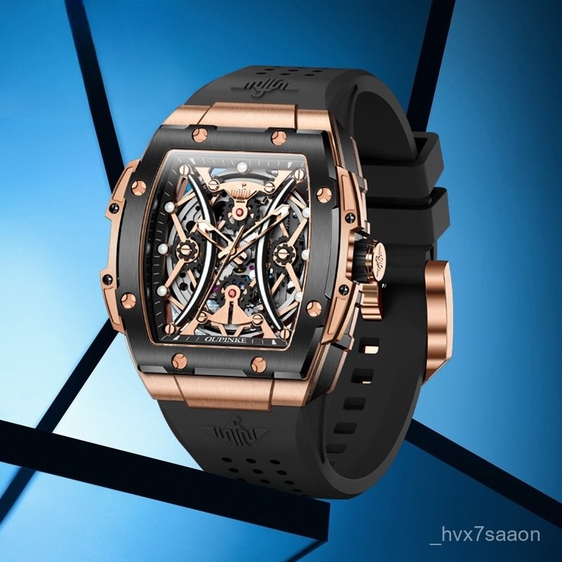 นาฬิกาแบรนด์ Oupinke นาฬิกาอัตโนมัติรูปทรงกระบอกที่โดดเด่น นาฬิกาผู้ชายแบบโปร่งแสงและเรืองแสง