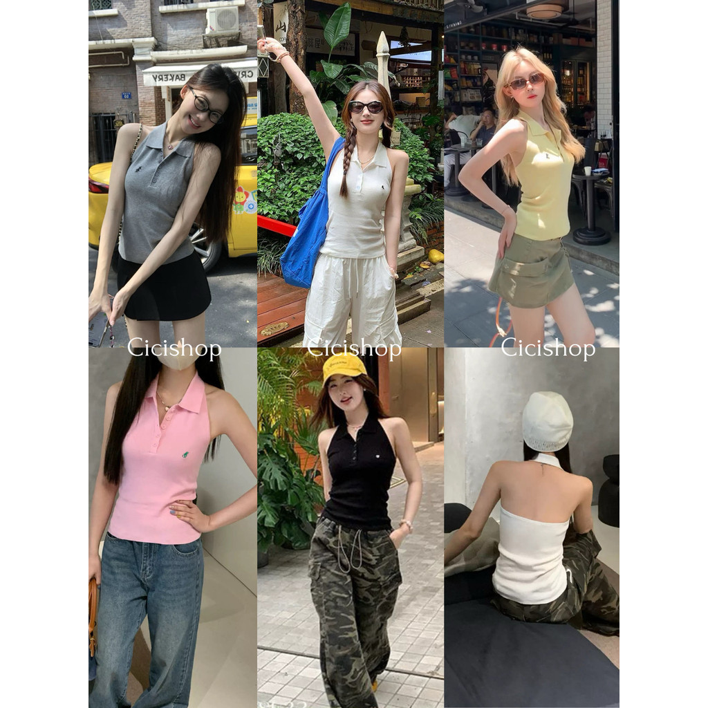 Cicishop(A2866) เสื้อไหมพรมโปโล คล้องคอ ดีเทลกระดุมหน้า โชว์หลังเล็กน้อย ใส่แล้วดูเฟียสสุดๆ