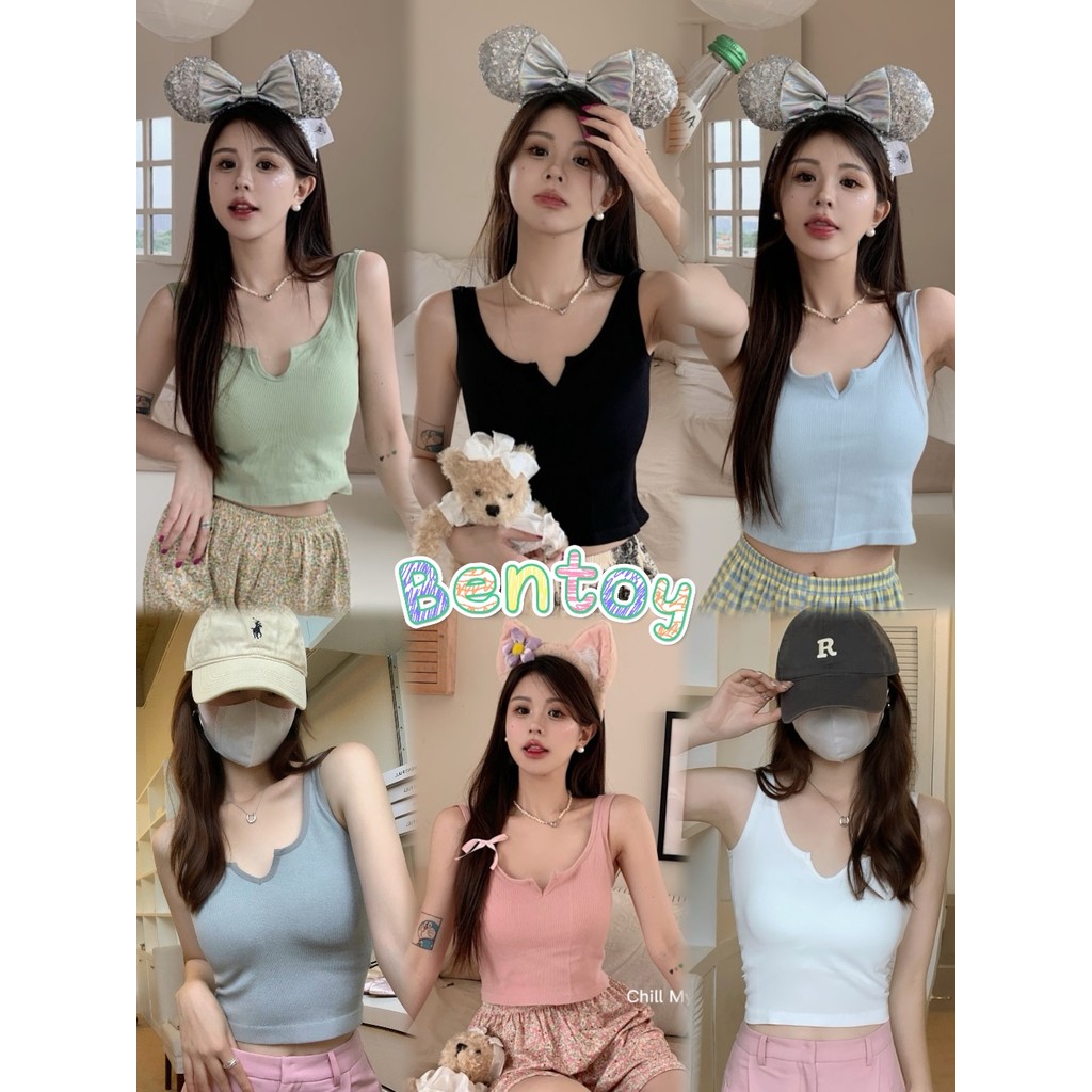 Bentoy(bratop8698)เสื้อกล้าม เสื้อครอปแขนกุด มีฟองน้ำ สีพื้น หน้าวี ใส่สบาย