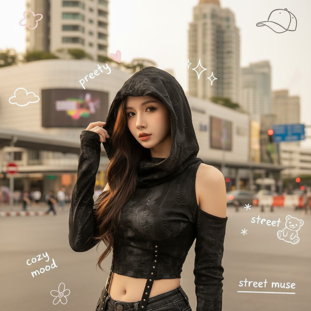 ꕥCatalog Fashionꕥ เสื้อครอปแขนยาวมีฮู้ด แต่งผ่าไหล่ ลายกราฟฟิกโทนดำเทา สวยเท่