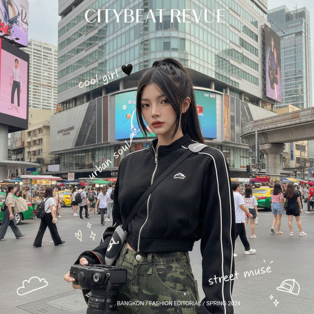 ꕥCatalog Fashionꕥ เสื้อแจ็คเก็ตครอปสีดำคอปีน อกปักลายภูเขา rshier ซิปหน้าแขนยาวแต่งแถบเส้นบางสีขาว