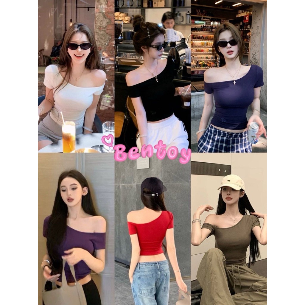Bentoy(Q619)เสื้อยืดมีฟองน้ำ เสื้อแขนสั้นปาดไหล่ข้างเดี่ยว ผ้านิ่ม สไตล์เกาหลี สีพื้น แมทช์ง่าย ต้องมี