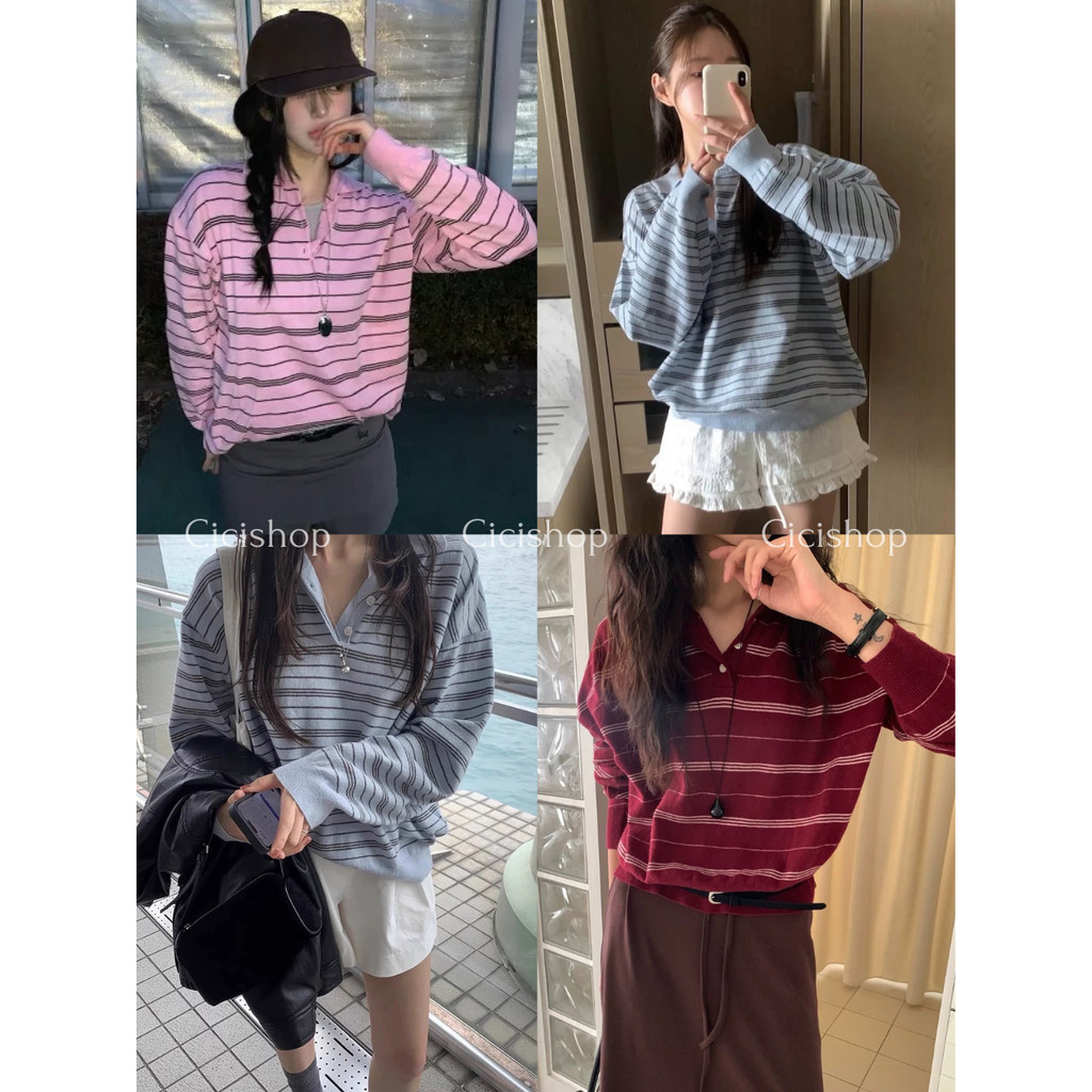 Cicishop(M3393) เสื้อไหมพรมแขนยาวลายทางคอปก ผ้านุ่มนิ่มไม่บาดผิวสุดๆ ทรงหลวมแต่งกระดุม ใส่แล้วดูสดใสน่ารัก