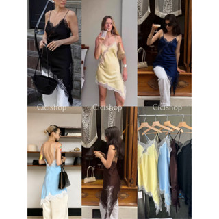 Cicishop(J2285) เดรสสายเดี่ยวซาติน แต่งลูกไม้คอวีทรงหลวม สาย…