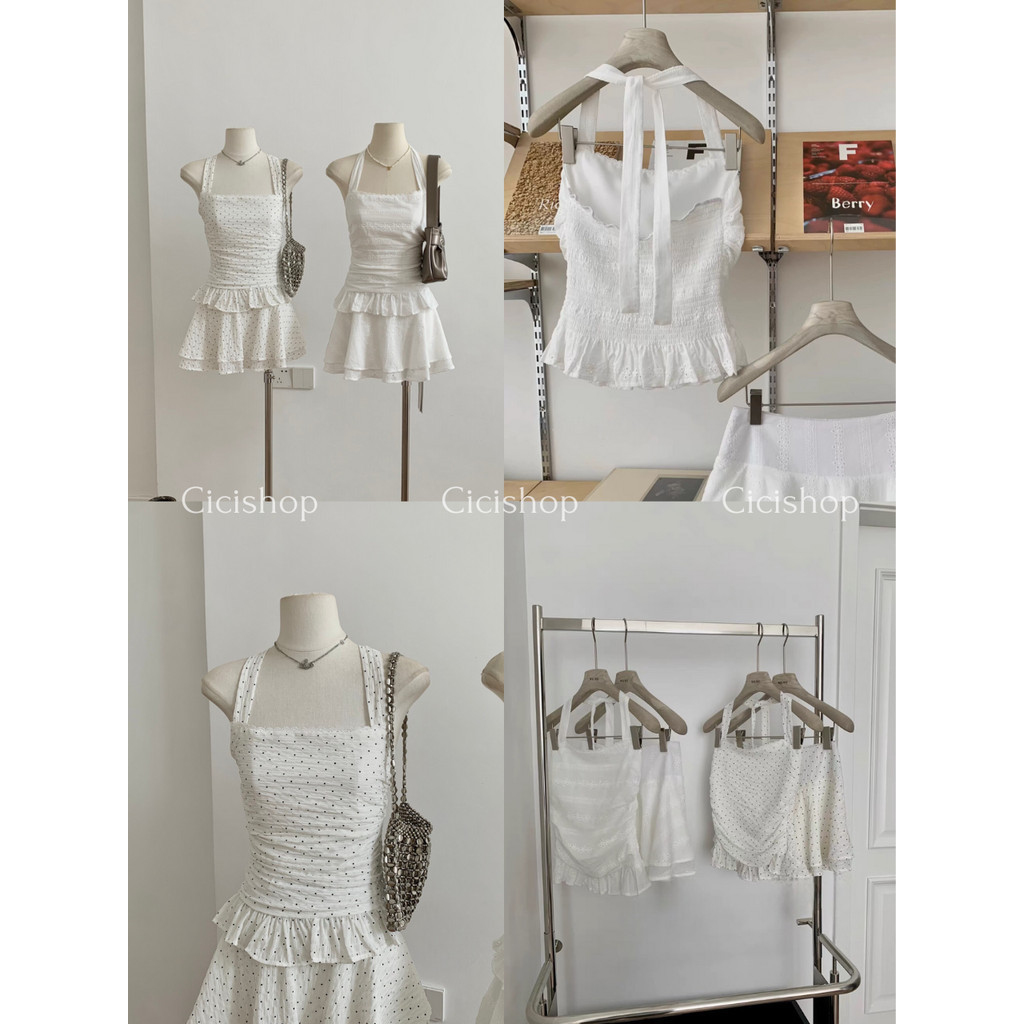 Cicishop(SET3402) Set 2 ชิ้น ลูกไม้เสื้อเกาะอกดีเทลคล้องคอผูกโบว์หลังกระโปรงมีซิปข้างสม็อคหลังมีซับในสไตล์สาวน่ารักหวานๆ