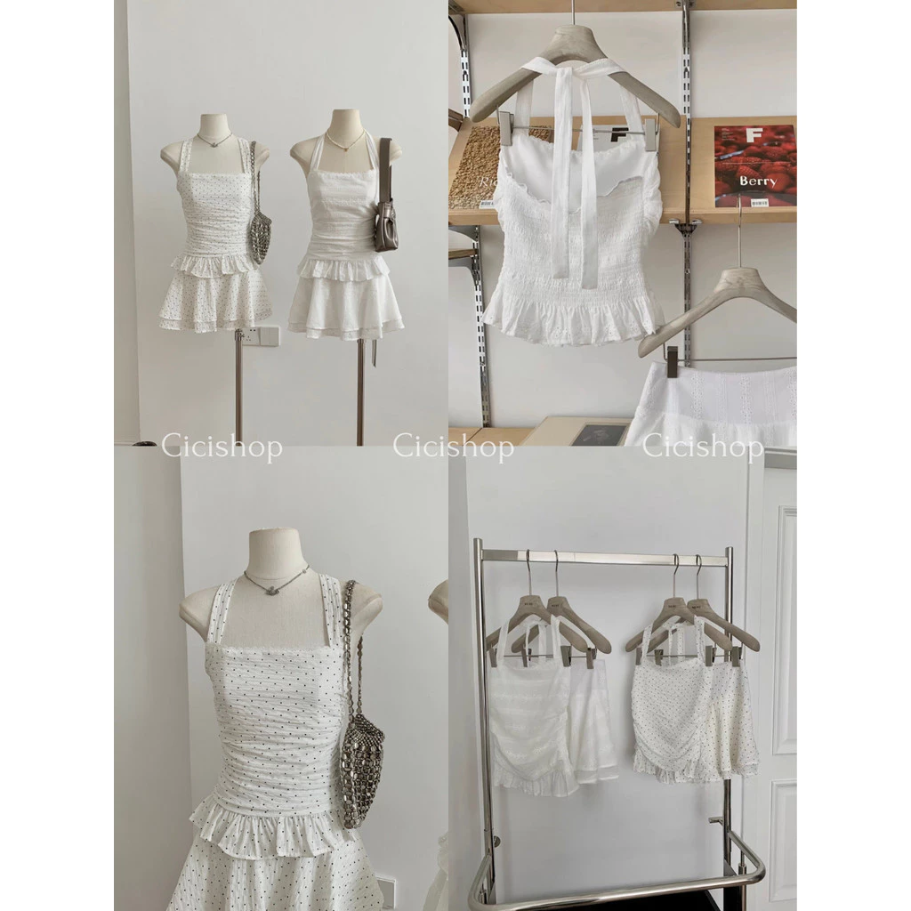 Cicishop(SET3402) Set 2 ชิ้น ลูกไม้เสื้อเกาะอกดีเทลคล้องคอผูกโบว์หลังกระโปรงมีซิปข้างสม็อคหลังมีซับในสไตล์สาวน่ารักหวานๆ