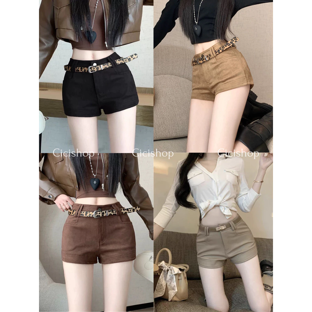 Cicishop(2540) กางเกงขาสั้นเอวต่ำซิปหน้า ทรงรัดรูป กระเป๋าใช้งานได้จริง แฟชั่นสไตล์สาวฝอ