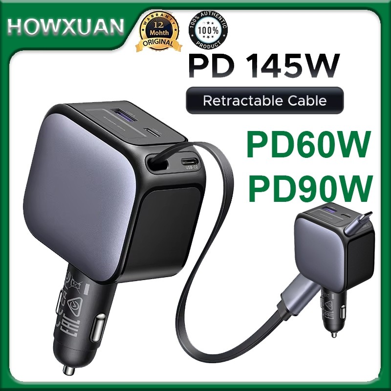 Howxuan By UGREEN 145W 90W 60W Car Charger PD QC4.0 Fast Charger พร้อมสายแบบพับเก็บได้