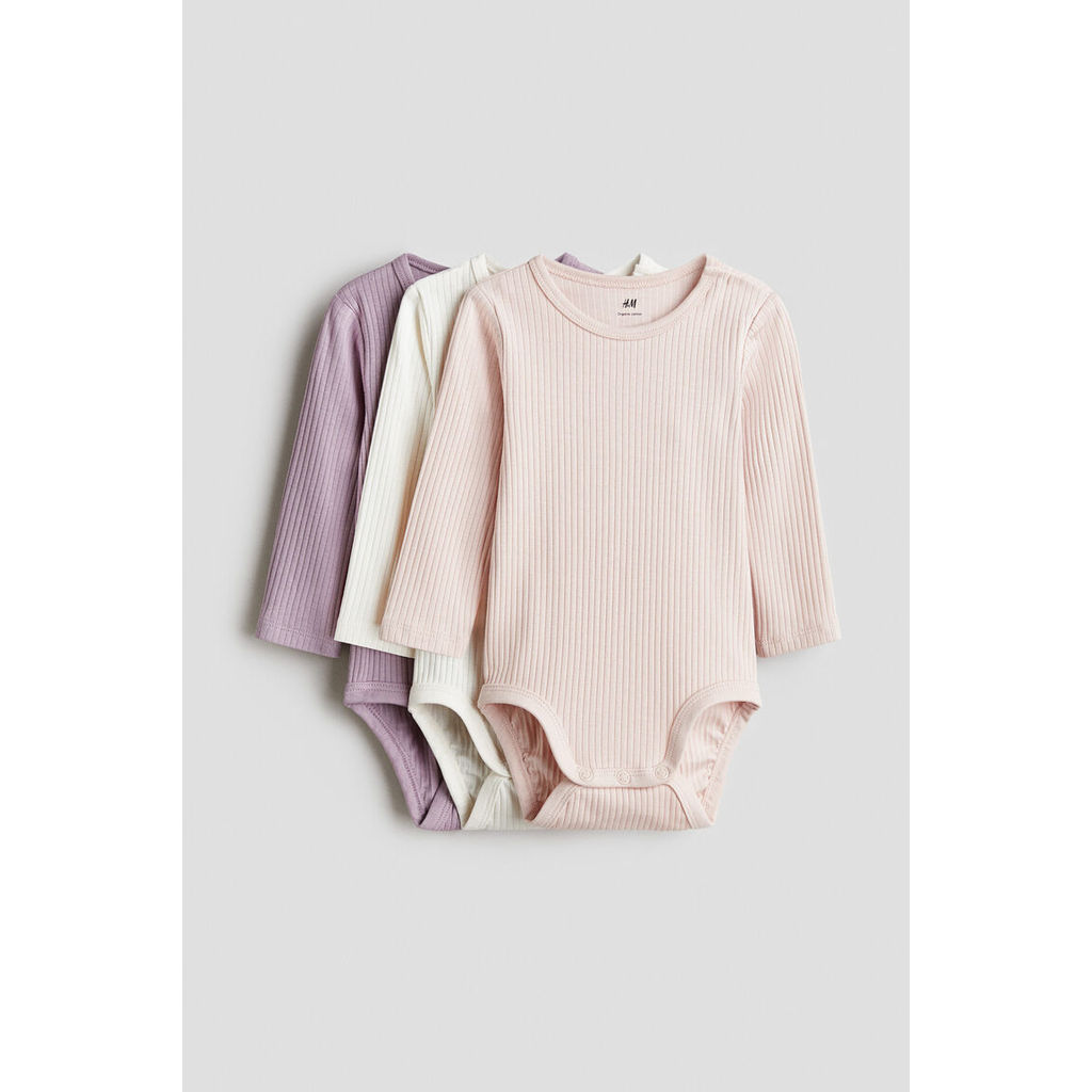 H&M(เอชแอนด์เอ็ม) บอดี้สูทเนื้อผ้าถักลายแพ็ค 3 ชิ้น เด็กอ่อน 0993598