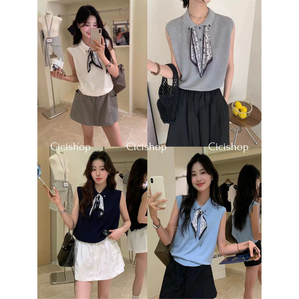 Cicishop(M2378) เสื้อแขนกุดสีพื้น ดีเทลเย็บกระดุมติดคอปก แถมผ้าพันคอ สไตล์ชิคๆฤดูร้อน