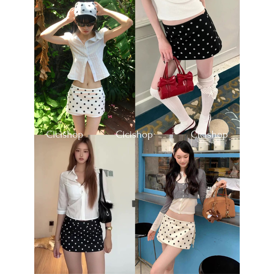 Cicishop(2542) กระโปรงเอวต่ำ ลายPolka Dot มีซับใน ดีเทลซิปหลังและซิปข้าง แต่งกระเป๋าหลอกด้านหลัง สไตล์น่ารัก