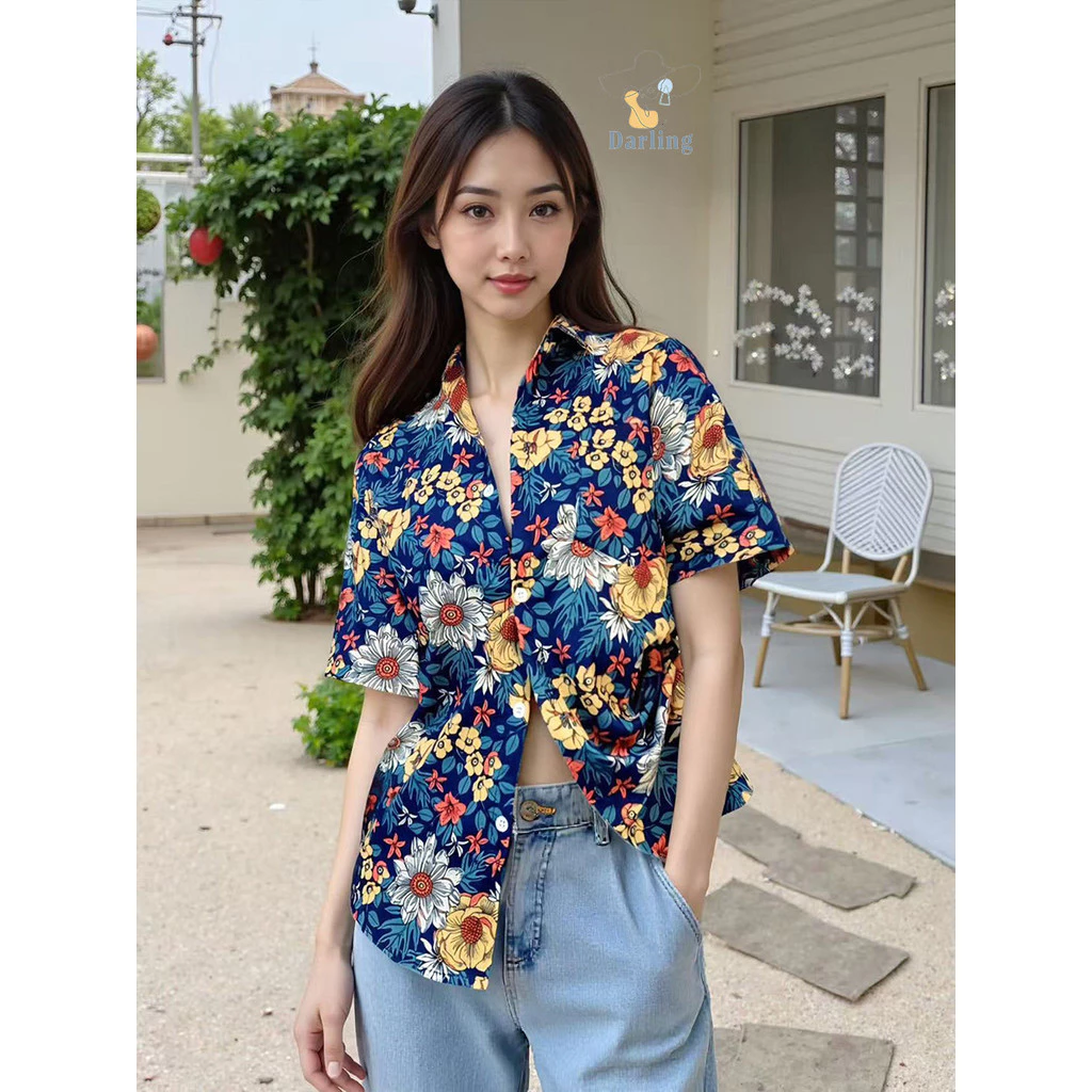 เสื้อเชิ้ตแขนสั้นลายดอกไม้ เสื้อคอปก เสื้อแนวสตรีท