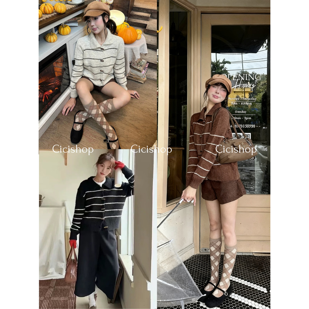 Cicishop(ZL25007) เสื้อคาร์ดิแกนลายทาง ผ้าหนามาก แต่งกระดุมแกะได้ เหมาะสำหรับหน้าหนาว สไตล์เกาหลี
