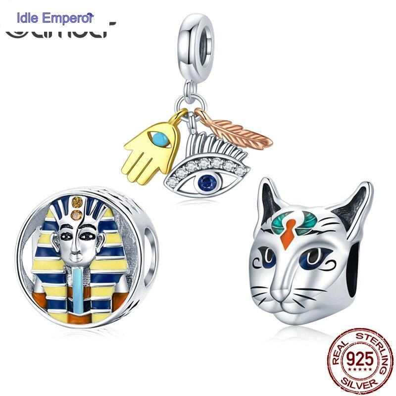 Bamoer Sterling Silver 925 Charm Ancient Egypt Pharaoh Series Cat God Bastet Gold Enamel Design for 