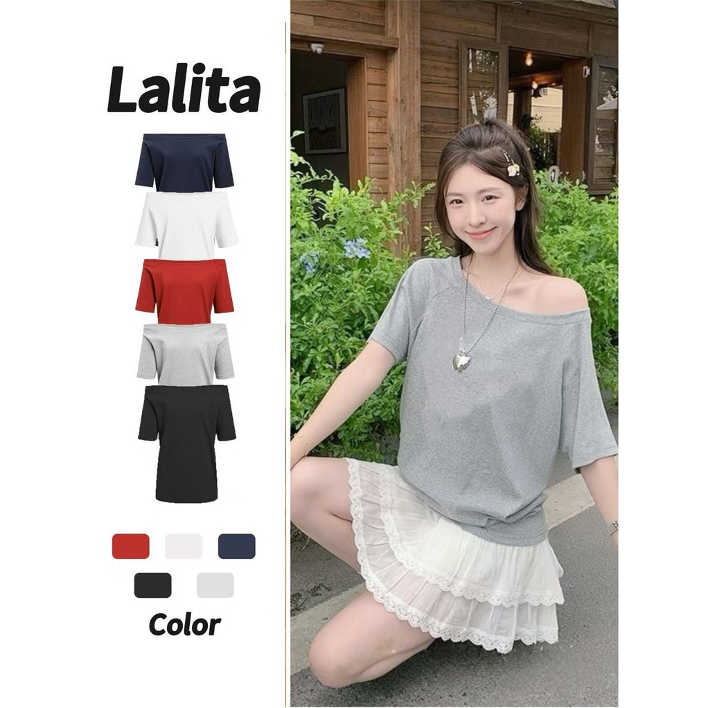 ส่งไวจากไทย ทรงหลวม เสื้อยืดเปิดไหล่ เสื้อเเขนสั้นผู้หญิง  ใส่เเบบเปิดไหล่ได้ ผ้