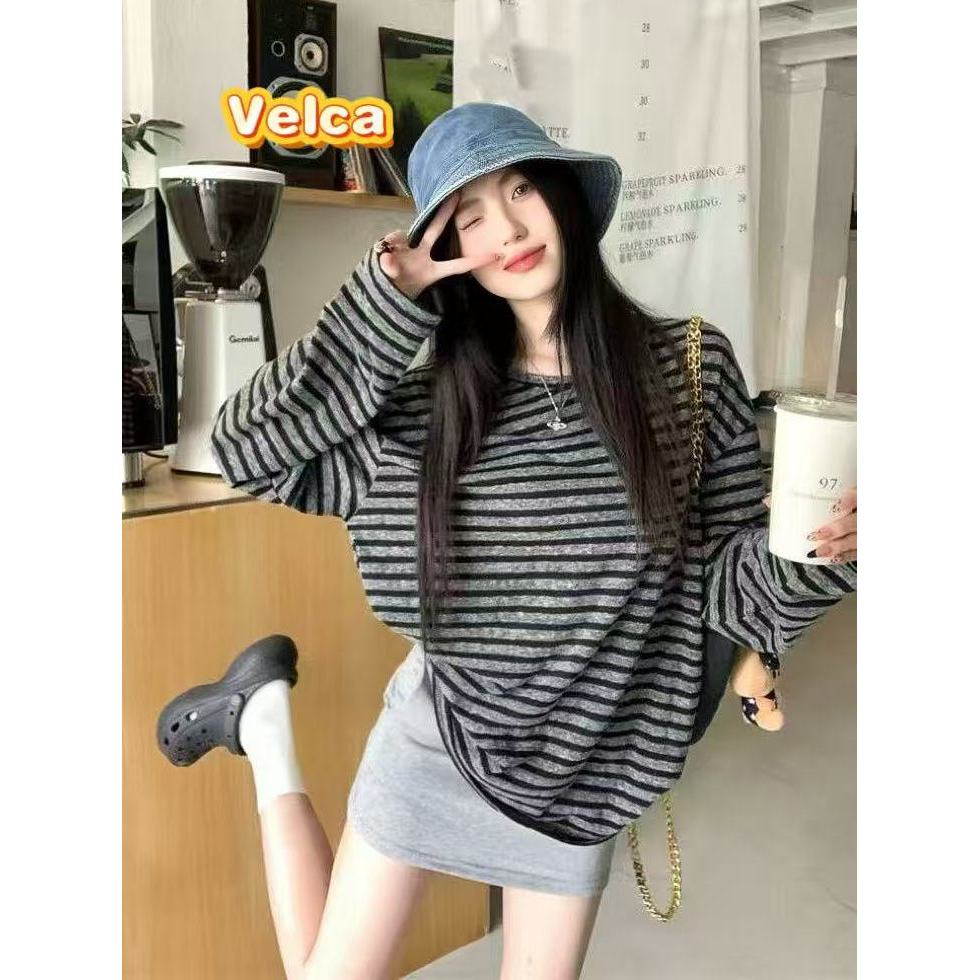 ส่งจากไทยทุกวัน ลายทาง เสื้อยืดผู้หญิง ทรงหลวม แฟชั่นสําหรับสตรี แขนยาว สไตล์ย้อนยุคแบบอเมริกันVelca