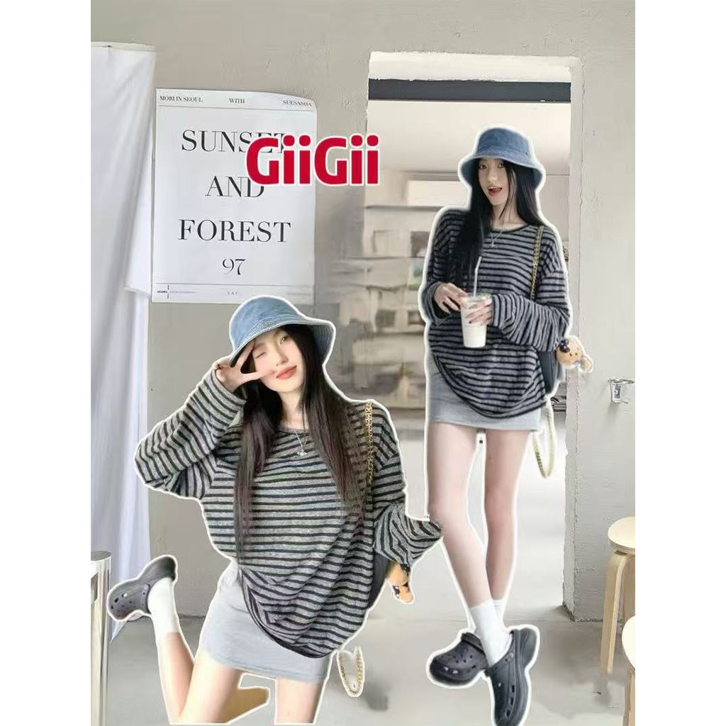 ส่งจากไทยทุกวัน เสื้อยืดผู้หญิง แขนยาว แขนยาว ทรงหลวม ลายทาง เสื้อแขนยาว สไตล์ย้อนยุคแบบอเมริกัน