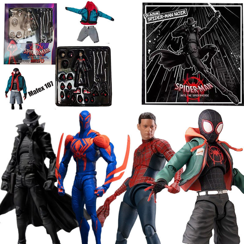 Ct SpiderMan Into The Spider Verse SpiderMan Noir Mafex 107 ไมล ์ Morales Tobey Maguire Shf Gwen Art