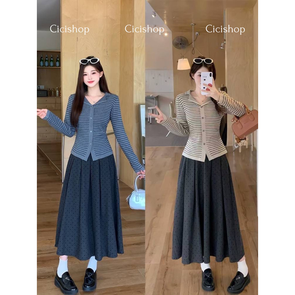 Cicishop(2546) กระโปรงยาว Polka Dot ทรงบานแบบอัดกลีบ สม็อคหลังมีซิปข้าง แมทช์ได้หลายชุด สไตล์สาวฤดูใบไม้ร่วง