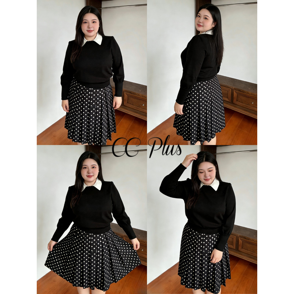 CiCi Plus+(2548)กระโปรงพลีทลายจุดPolka Dotมีซับในเป็นกระโปรงซิปข้างกระดุมข้างใส่แล้วพรางหุ่นดูเรียบร้อย สไตล์สาวพลัสไซส์