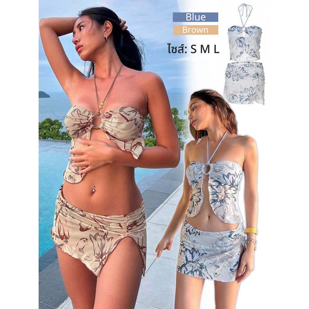 🧡Basic swimsuit💛 ชุดว่ายน้ำแฟชั่น ชุดว่ายน้ำสองชิ้น ลายดอกไม้ สไตล์หรูหรา คอฮอลเตอร์ ส่งไวจากไทย