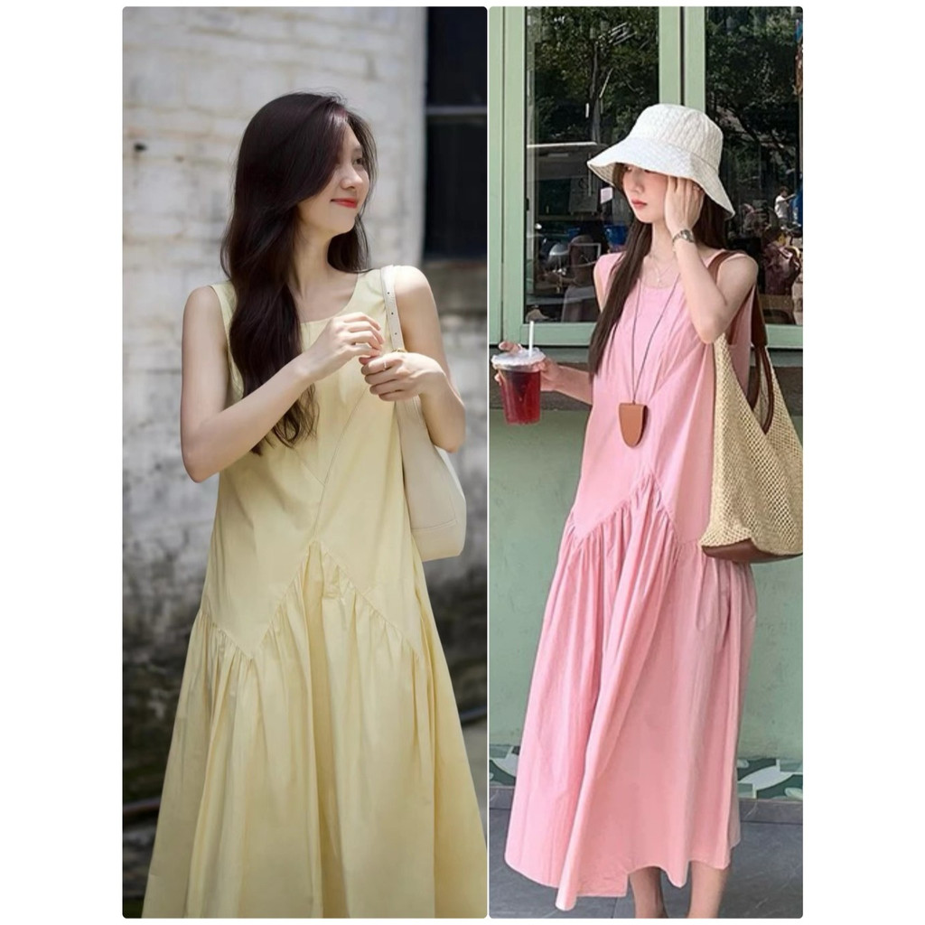 ชุดเดรสยาว เดรสคอกลม เดรสแขนกุด ชุดเที่ยวทะเล เนื้อผ้าใส่สบาย เดรสทรงหลวม